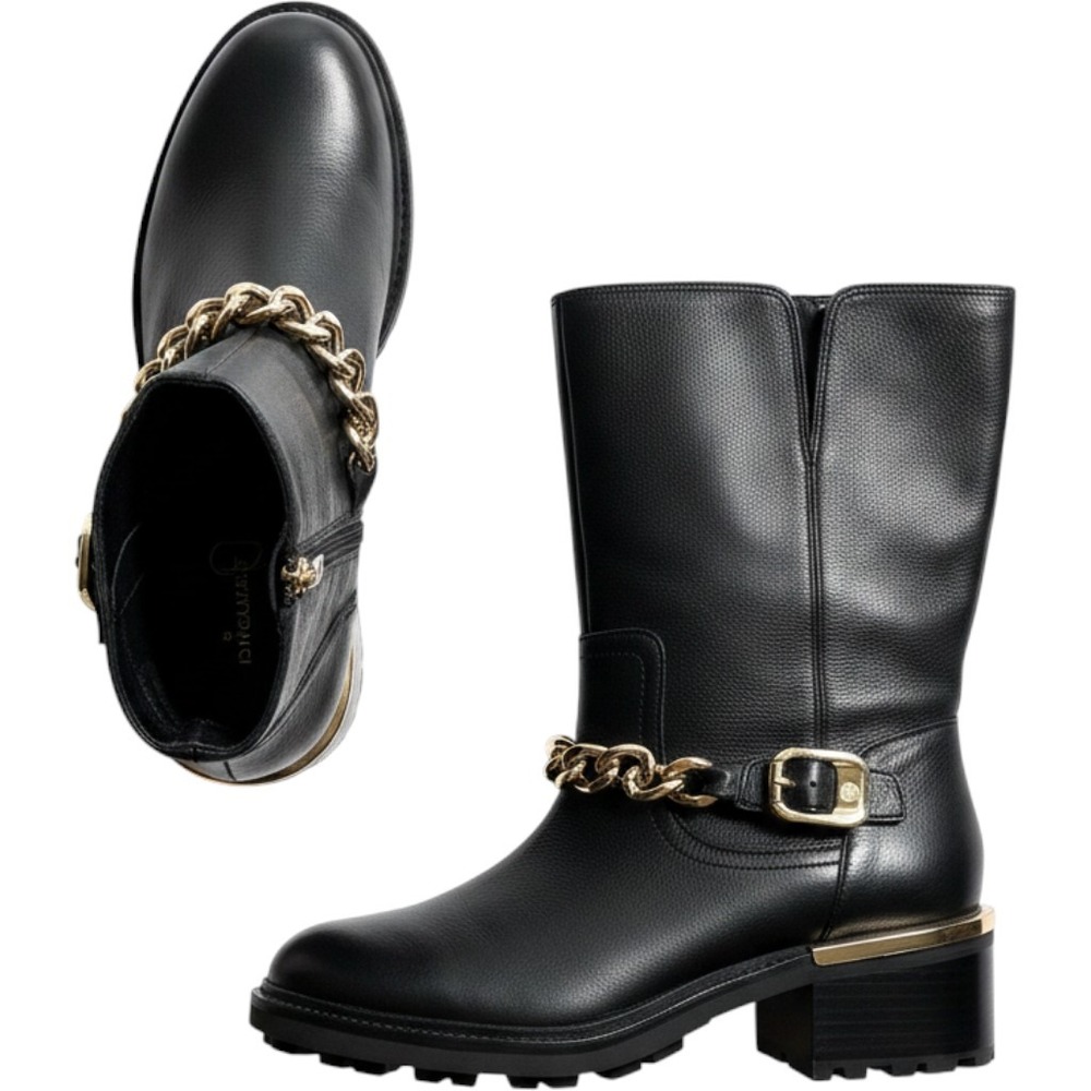Vince Camuto Womens Black Leather Moto Boots Keshilla Gold Chain 8.5 Lug Sole